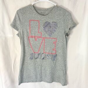 Juicy Couture Woman’s Gray Tee with Pink Outline LOVE and Glitter Heart — Size M